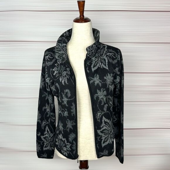 Peruvian Link Alpaca Black Gray Floral Zip Front Mock Neck Cardigan Sweater S - Picture 3 of 12